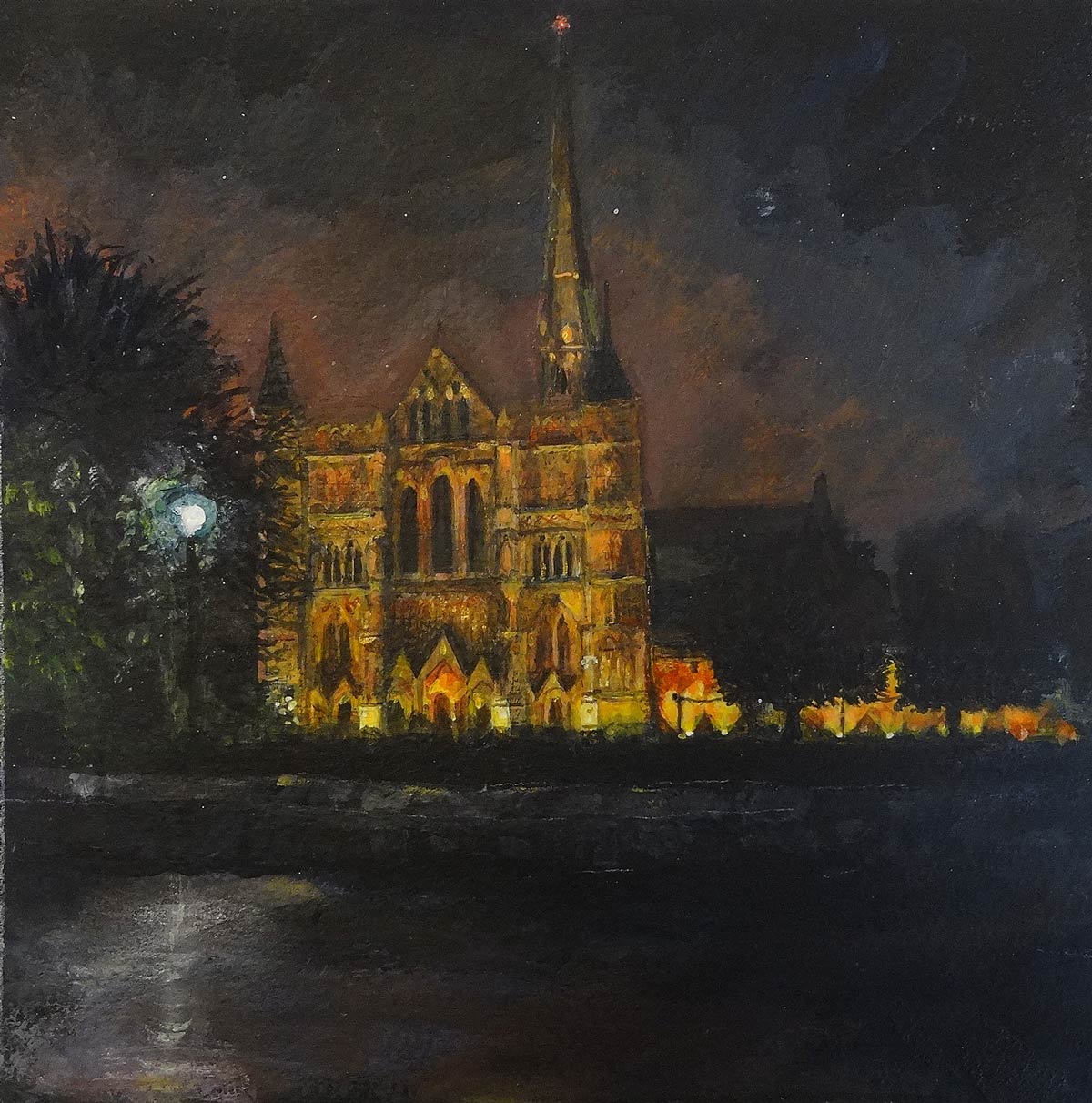 Salisbury Cathedral October evening 19 x 19 cm